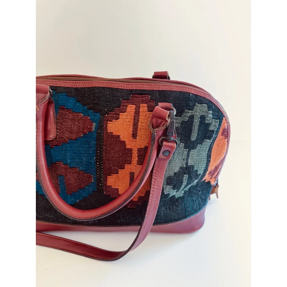Kilim Rug Leather Satchel Crossbody Bag Boho Southwestern Tribal Purse